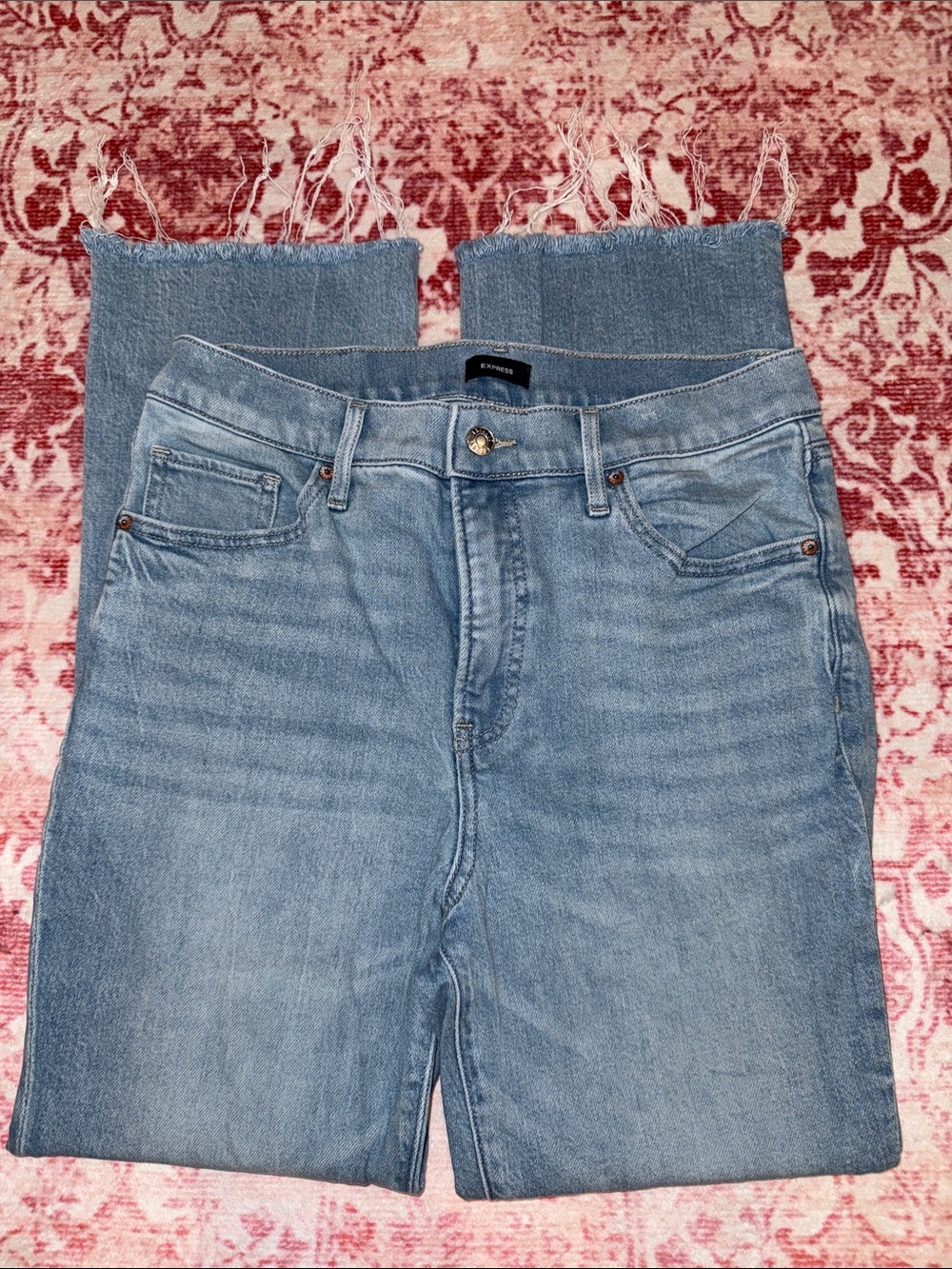 Express Light Blue Cropped Flare high rise stretch Jeans